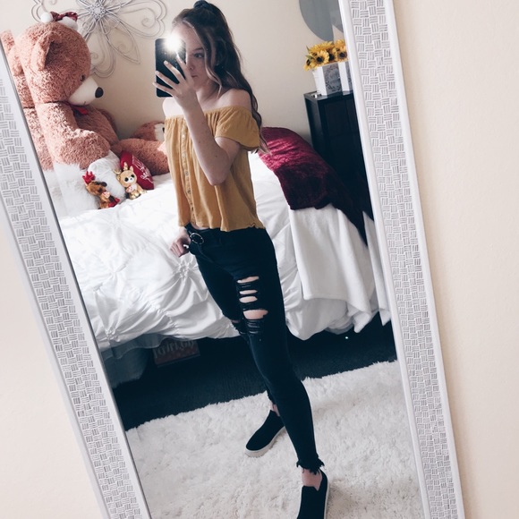 Forever 21 Tops - Off the Shoulder Yellow Button-Up Shirt